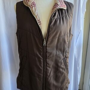 ​Vtg Studio Works Reversible Quilted Vest L Brown Plaid Collar Zip Up Pockets